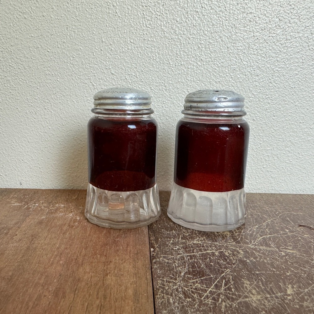Vintage Antique‎ Ruby Red Glass Salt & Pepper Shakers Carmi Illinois Souvenir